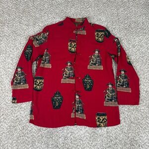 Harari Silk Jacket Womens Medium Red Chinoiserie Print Mandarin Frog Toggles
